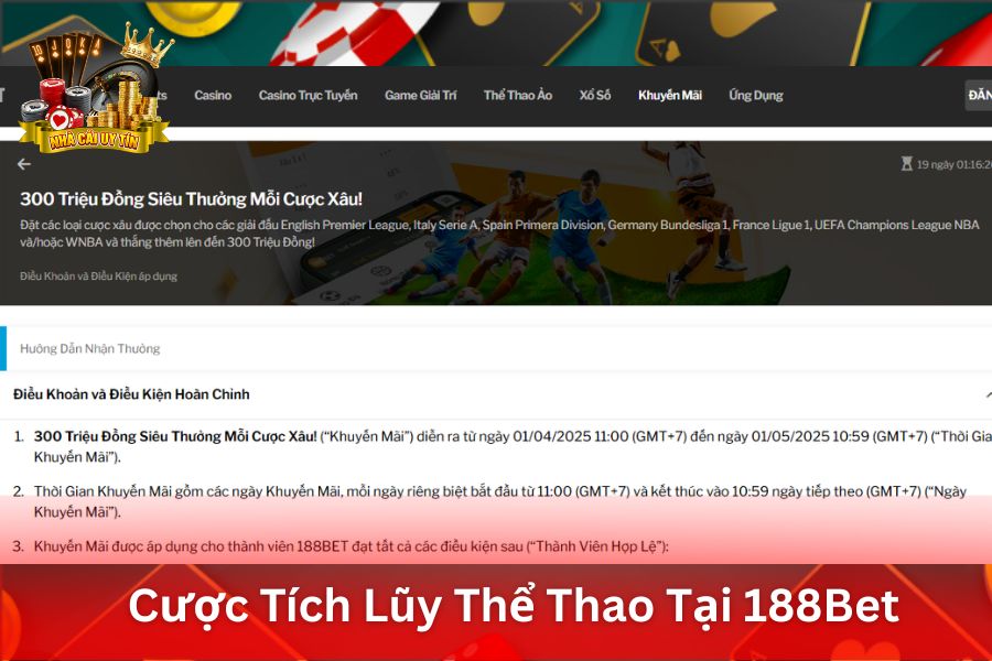 Cược Tích Lũy Thể Thao Tại 188Bet - Thưởng thêm khi thắng cược tích lũy nhiều trận