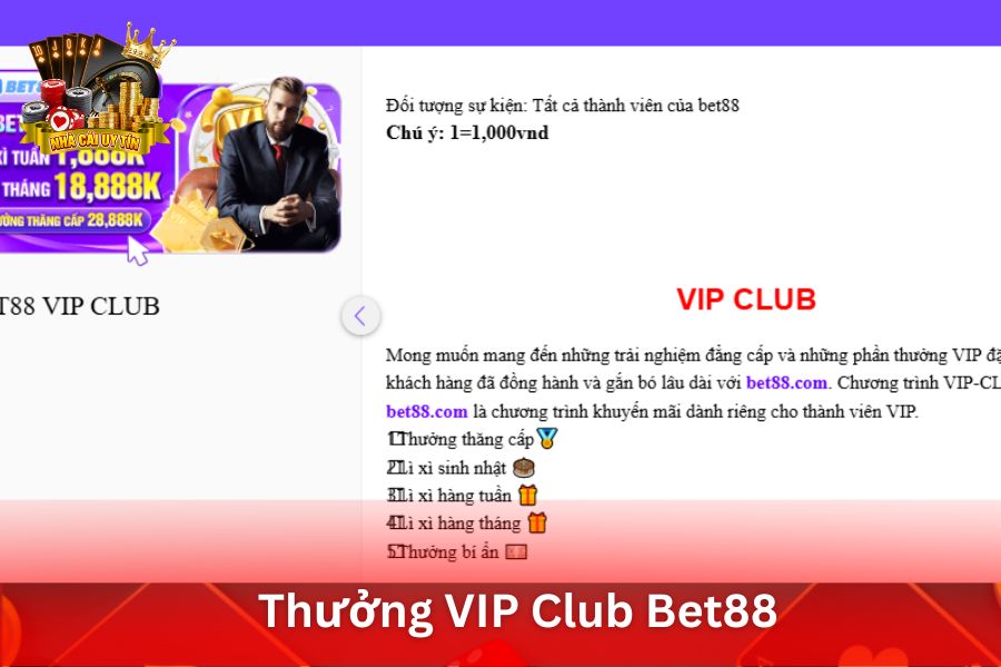 Thưởng VIP Club Bet88 - Tăng cấp VIP nhận thưởng độc quyền và ưu đãi hoàn trả cao hơn